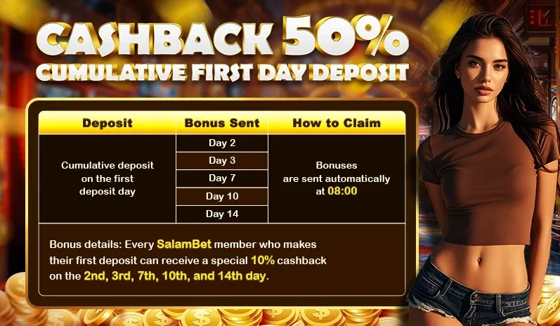 CASHBACK 50% CUMULATIVE FIRST DAY DEPOSIT